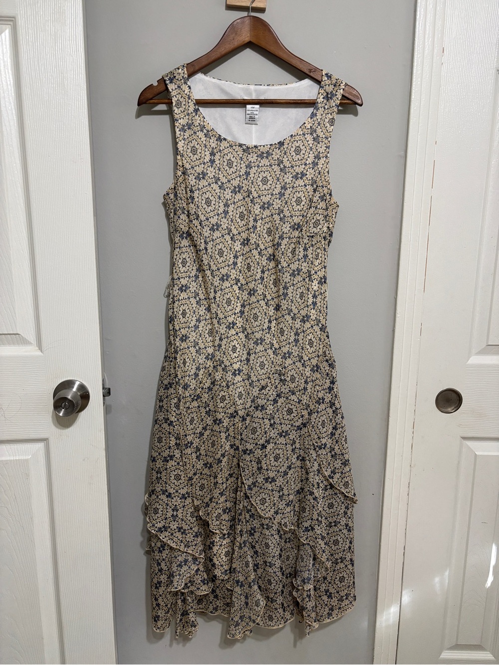 Amanda Lane Blue Yellow Floral Ruffle Hem Midi Dress 14 XL